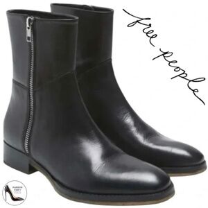 Free People Luna Black Soft Leather Ankle Boots Block heel Almond toe Booties 37